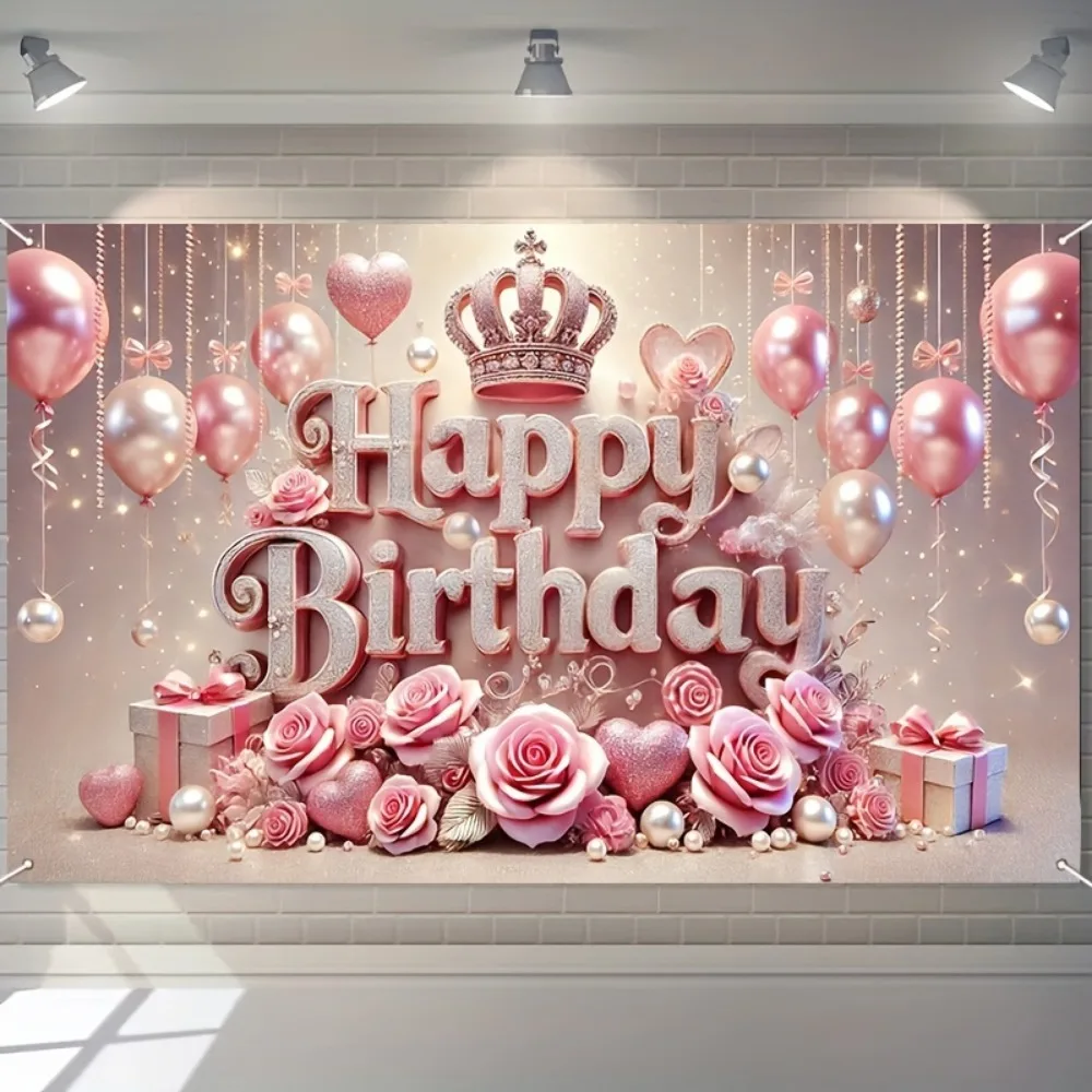 Happy birthday photography background, gorgeous crown and balloon theme, pink roses and glitter gift decoration