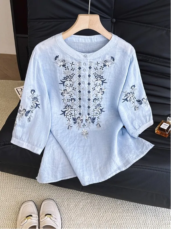 

Ele Blue Linen irt Loose Heavy Embroidery Beautiful Five-Quarter Sve Women's plus Size Casual Summer Top