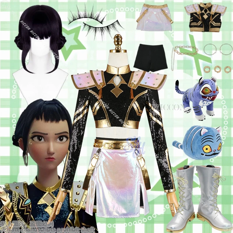 

Zoey GOLDEN Korea Idol Stage 코스프레 Косплей Аниме Kpop Demon 코스프레 Черный топ Белое мини-платье Y2K Punk Jirai Kei Kids Halloween