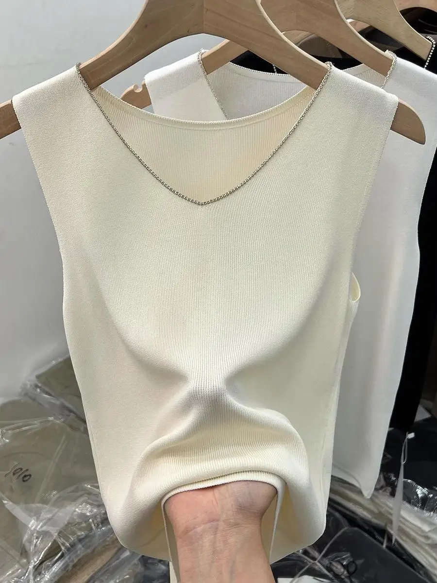 Ice Silk Knitted Strap Vest Women's Summer New Suit Inner Sleeveless Top Small Shirt V-neck Casual Style Regular Length