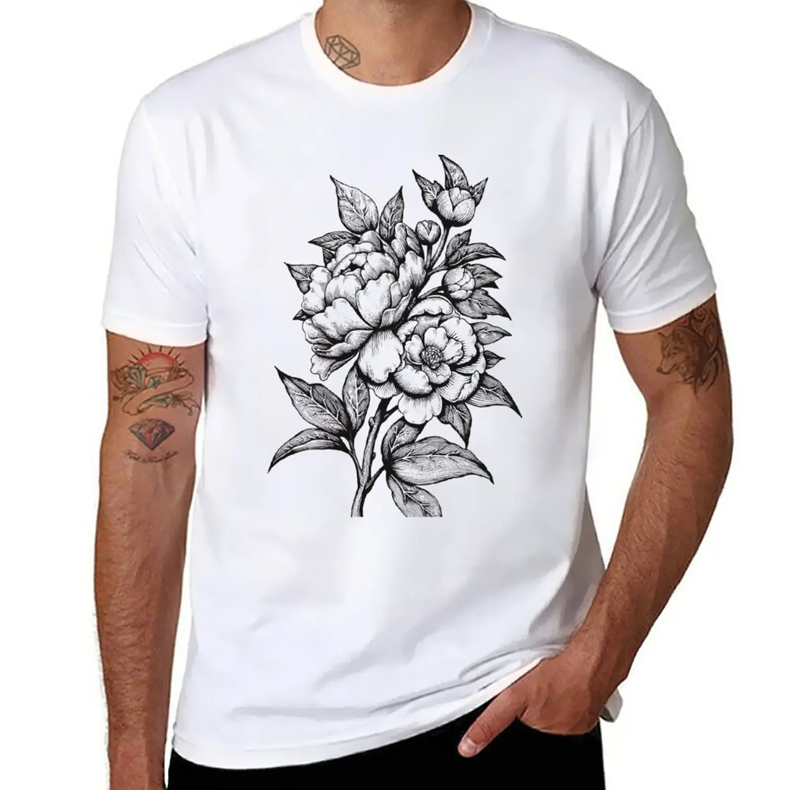 PEONIES - Lineart T-Shirt cute tops tees mens white t shirts