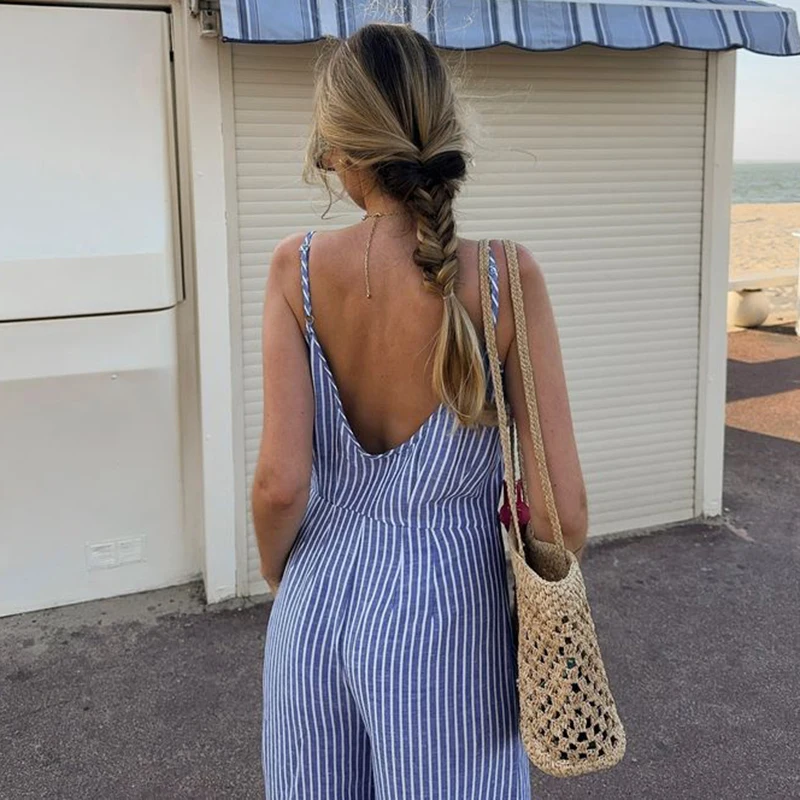 Biikpiik Casual Gestreepte Jumpsuits Vakantie Backless Vrouwen Rompertjes Loungewear Slim Fit Overalls Strandstijl Zomeroutfit