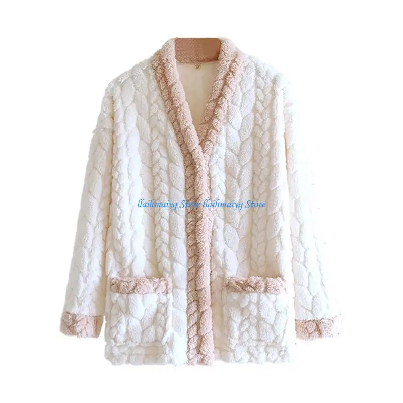 

573B Women's Winter Fuzzy Pajama Coats Casual Thicken Warm Flannel Button Fleece Sleepwear Cozy Soft Loungewear