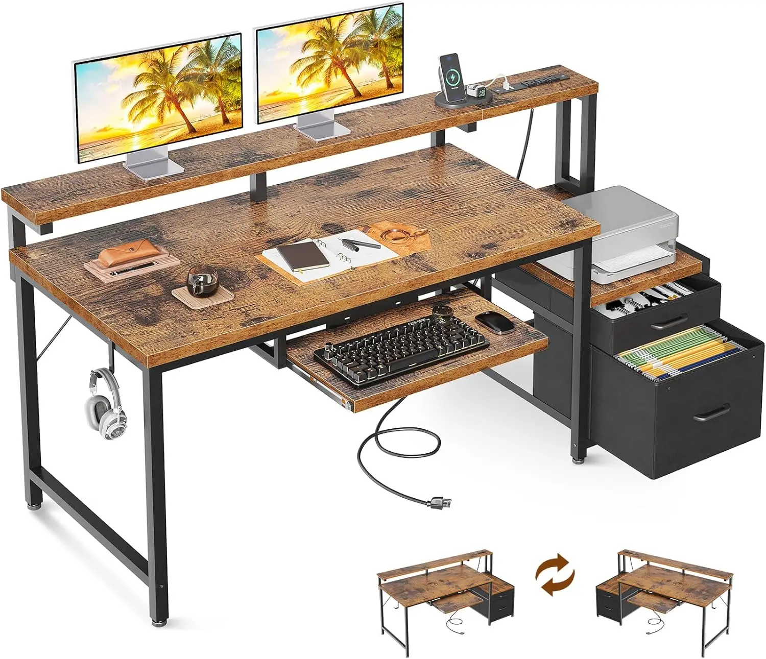 

55-дюймовый офисный стол с ящиками, выдвижной полкой для клавиатуры, розеткой и USB-портами для домашнего офиса