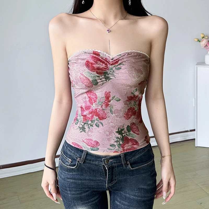 

CIBBAR Holiday Retro Floral Print Tube Top Women Kawaii Pink Folds Stitching Bow Crop Tops Summer Casual Lace Patchwork Tees y2k