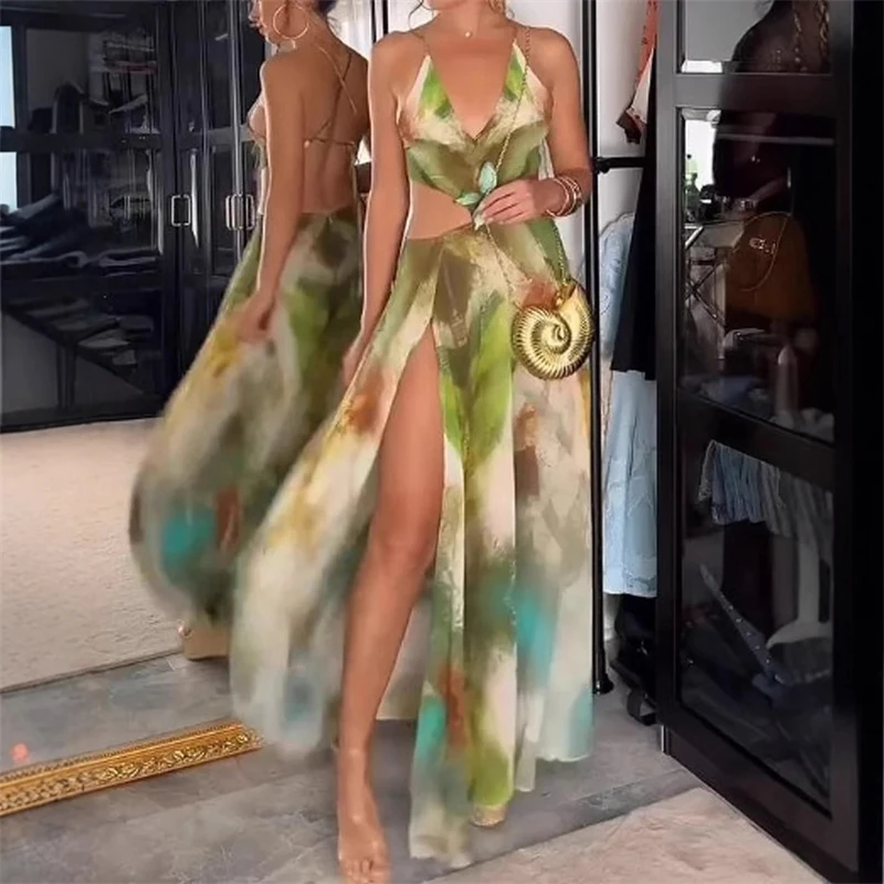 Spaghetti Strap Sleeveless Dress Women 2025 Summer Slim Fit Cut Out Waist Split Vacation Maxi Dress