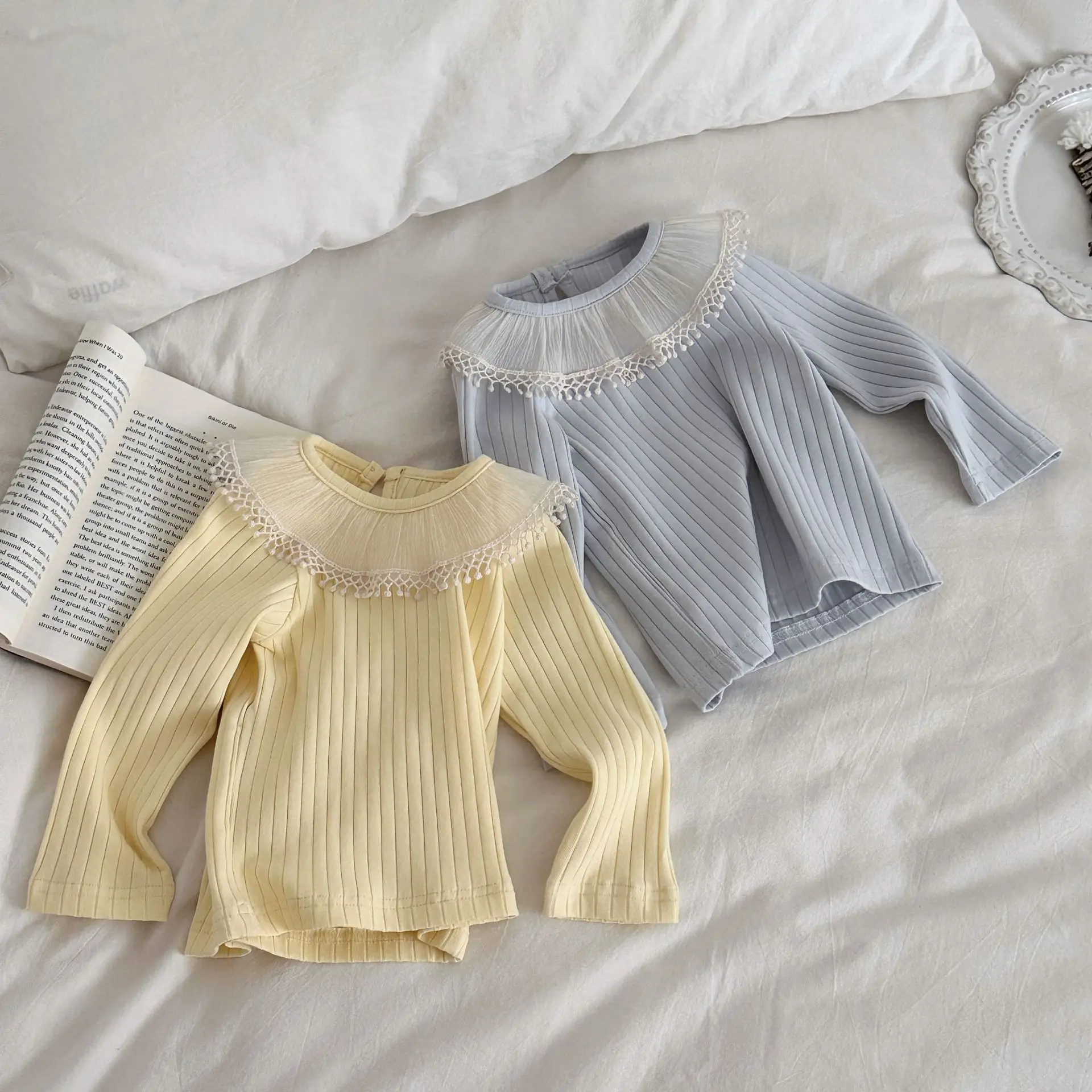 Autumn Girls Baby Long Sleeve Bottom Shirt Lace Collar Cotton Ribbed Knit Toddler Inner Layer Tops for Girls Kids Undershirt Tee