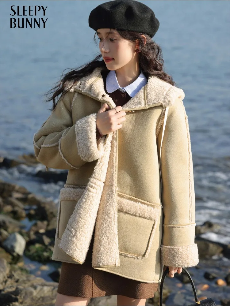 

Cozy Wool-like Shearling Hooded Jacket Women Winter Thick Warm Plush Coat Loose Fit Casual Outerwear Soft Lining Pocket Detail