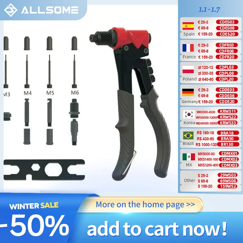 ALLSOME 3 in 1 rivet nut gun single manual labor-saving manual core pulling gun rivet pulling gun rivet gun