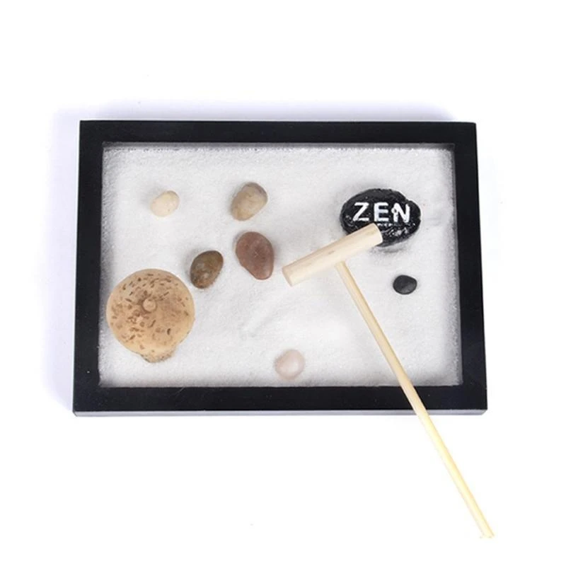 Japanese Garden for Desk 6x4 Inches Large Tray White Sand Rocks Pebbles Rake