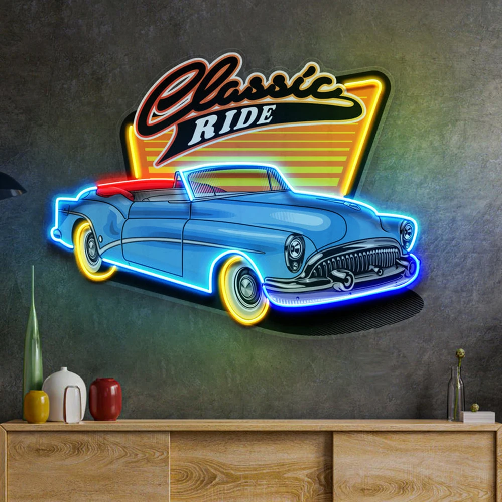 Carro clássico azul LED Neon Sign Light, Pop Art, Sala de estar, Wall Decor, Sinais de néon, Luzes personalizadas, Bar, Clube, Home Decorações