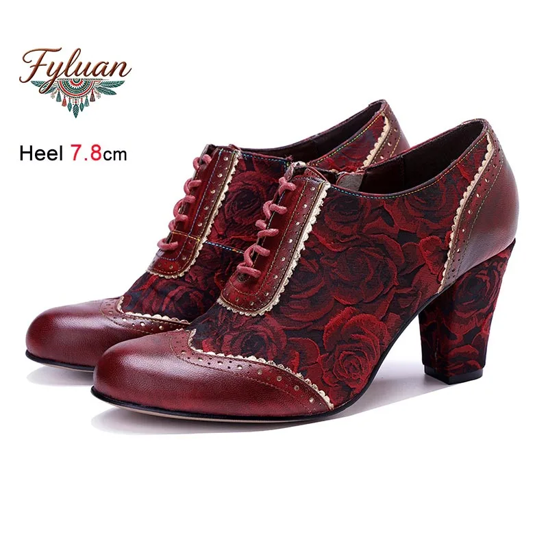 

2026 New Spring Summer Retro Print Coarse Heel Women Shoes 7.8cm High Heel Lace Up Round Toe Ladies Pumps Bohemian Single Shoes