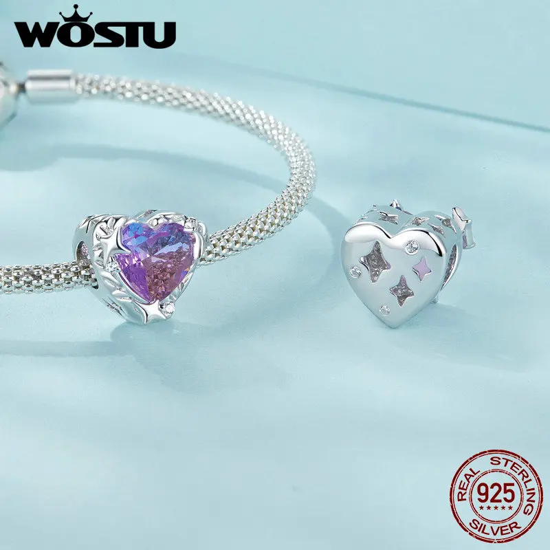 WOSTU Retro Gradient Purple-pink Heart Charm Feather Dreamcatcher Flower Pendant Fit Girl Original Bracelet 925 Sterling Silver
