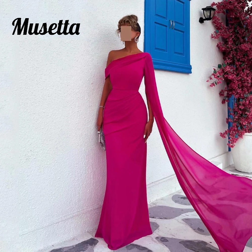 

Musetta Hot Pink Chiffon Long Prom Dress Women Diagonal Collar Custom Made Evening Gowns Floor Length A-Line Vestidos De Noche