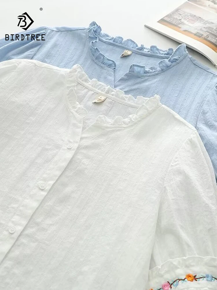 

New 2026 Summer Women Cotton Short Sleeve Shirt, Ruffled Floral Embroidery, Mori Girl Preppy Style Casual Loose Blouse T64053CC