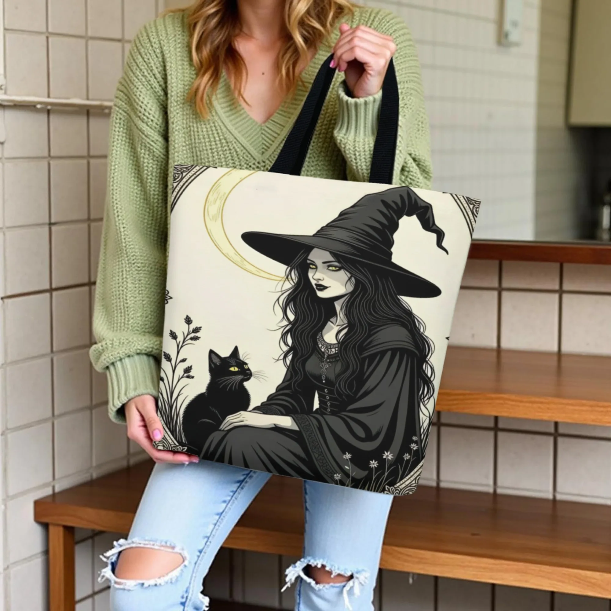 Mysterious Canvas Tote Bag Witch & Cat Design for Women Eco-Friendly Reusable Suitable for Gothic Gatherings Occult Exhibitions