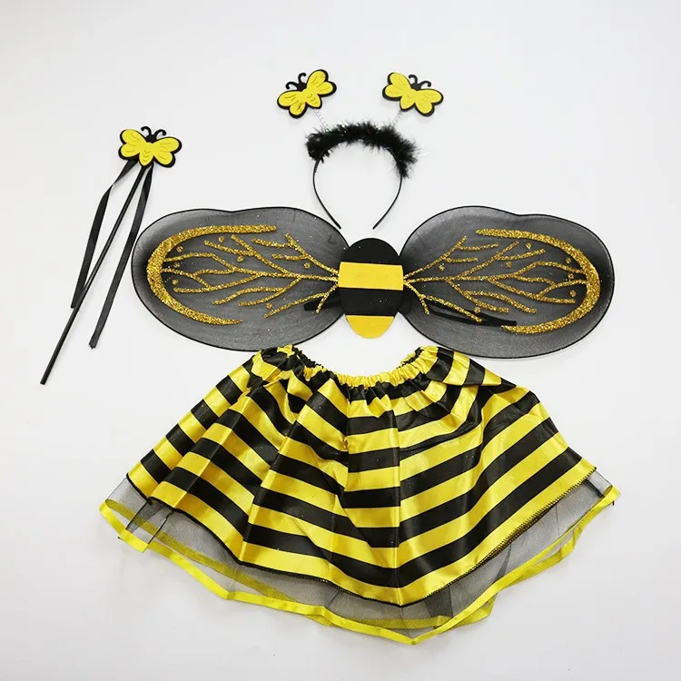 

Costumes for children's Halloween shows Yellow Fairy Set Honeybee-Wings Ears Headband Wand Tutu Bee Princess girl performing