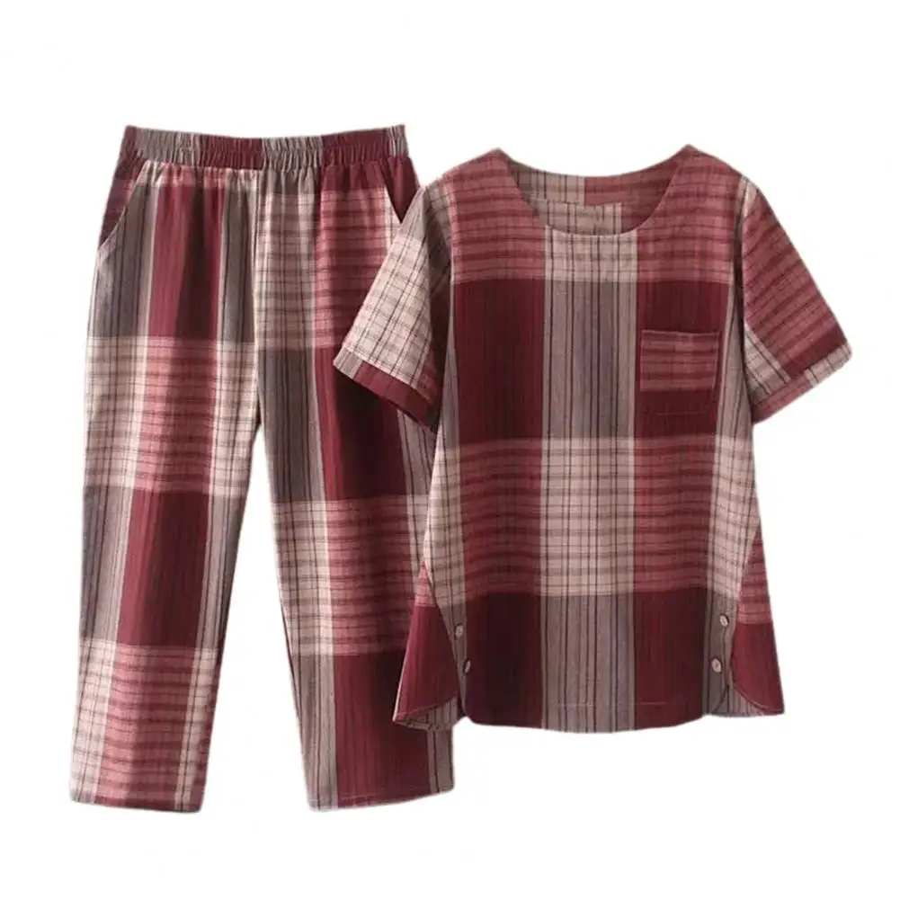 

Summer Casual Loose Two Piece Set Women Fashion Plaid Print Pants Sets Women Elegant Short Sleeve Homewear Outfits 2 Piece Sets