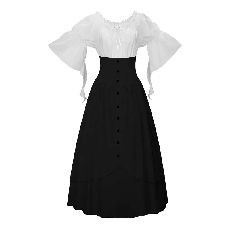 New Renaissance Medieval Dance High Waisted Button Up Skirt Gothic Irregular Top Halloween Party Dress Palace Retro Long fy1;