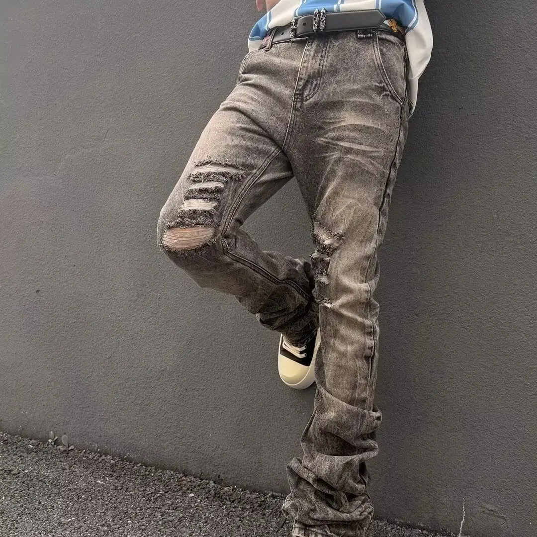 Men's Pleated Design Punk Jeans Casual Pants Cool Boy Casual Bottom Wide Legs Unisex Sweatpants Male High Waist Denim Trousers