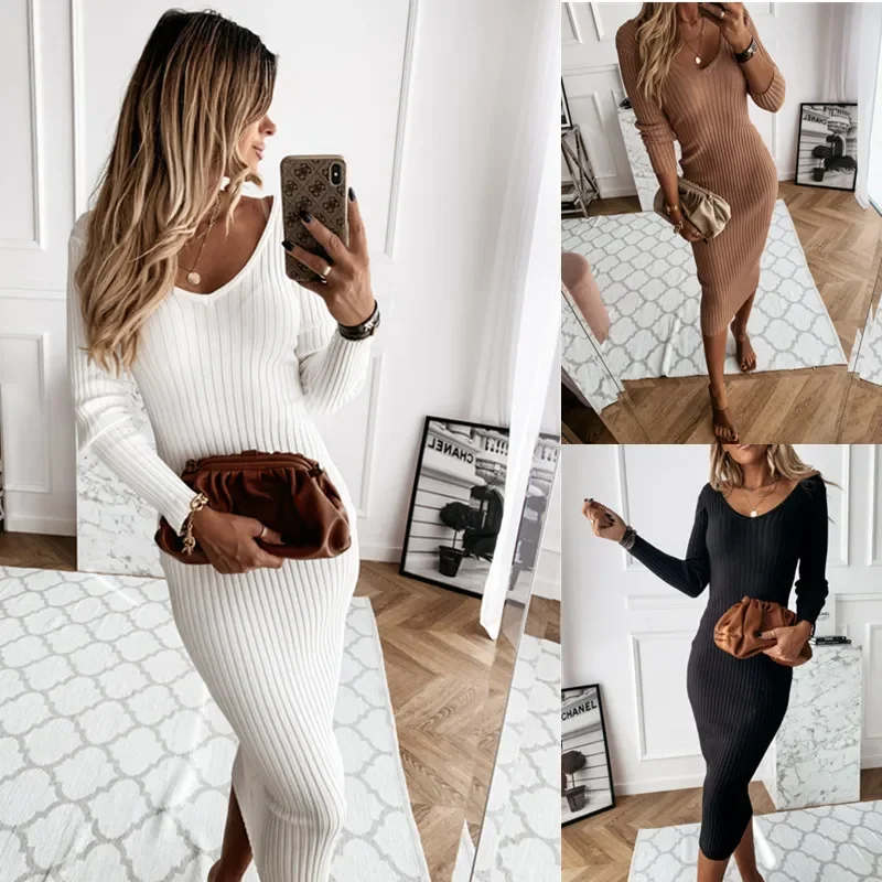 

2022 Autumn and Winter V-neck Solid Color Long Sleeve Knit Dress Women's Bodycon Party Slim Dress Vestidos De Mujer