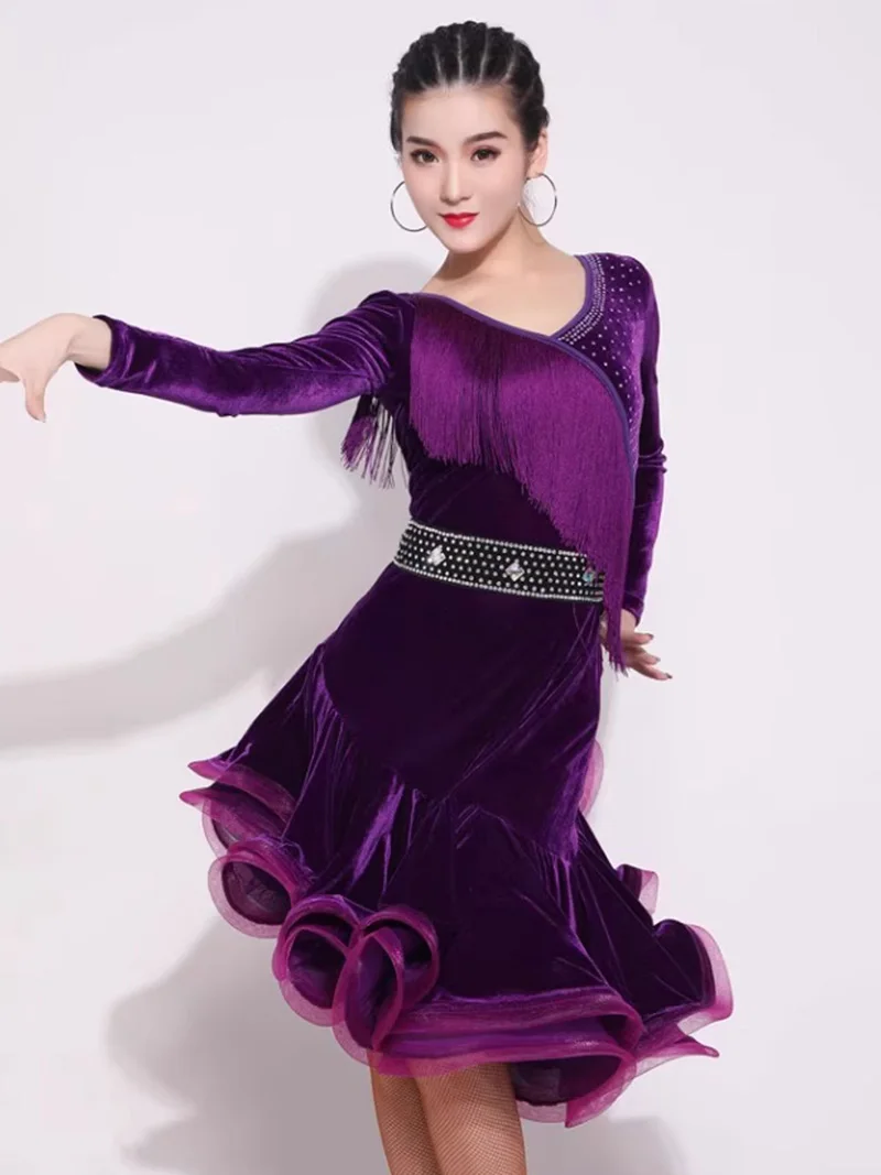 大人女性用ベルベットタッセルダイヤモンドプロフェッショナルナショナルスタンダードダンスドレスソーシャルルンバチャチャダンスウェアパフォーマンスコスチューム