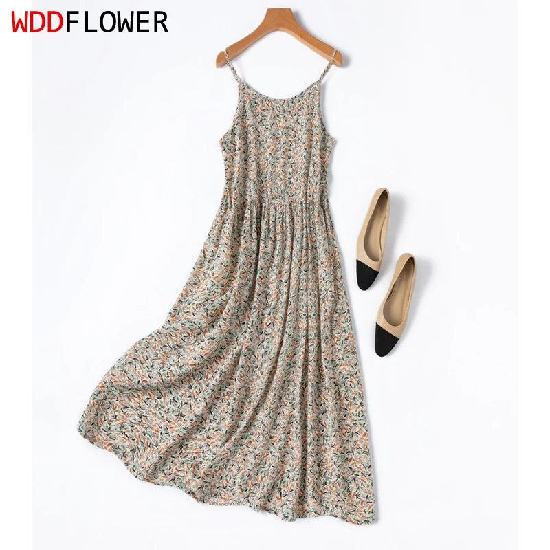 

Women Chemise Dress 100% Mulberry Silk 16 Momme Crepe Silk Small Floral Printed Straps Full Slip Dress Summer Beach M1392