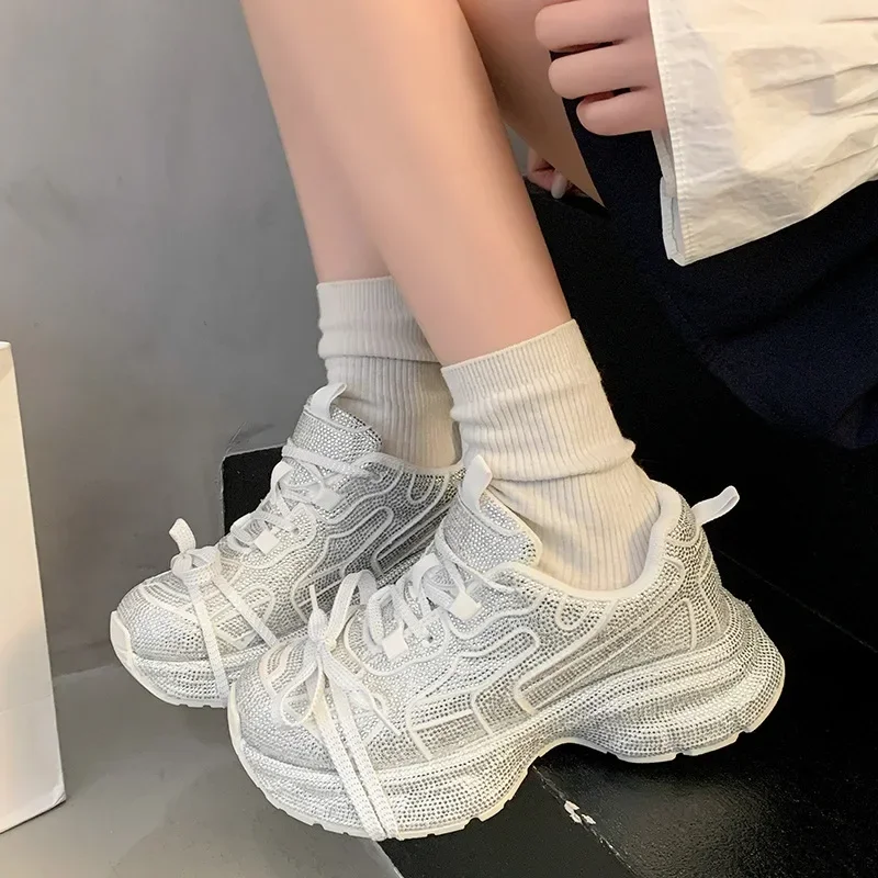 2025 Women's Dad Shoes Sparkling Rhinestone Thick Bottom Casual Sports Flashing Autumn Rubber Sole Non-Over Ankle view 3