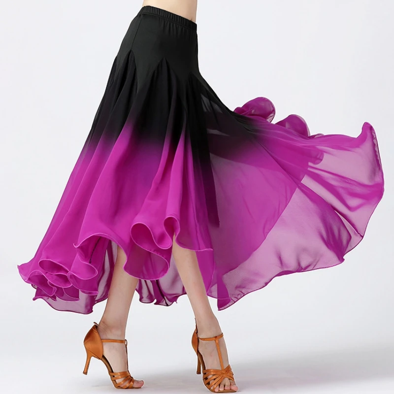 Women Latin Dancewear Gradient Color Long Skirt Female Ballroom Dance Big Swing Waltz Skirt Stage Performance Costume