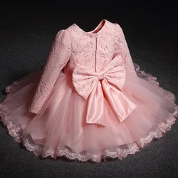 Long Sleeve Dress for Baby Girl Wedding New Year Party Lace Bow Kids Xmas Dresses Infant 1st Pink Birthday Princess Baptism Gown