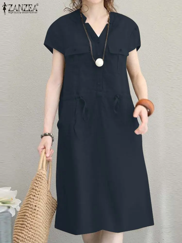 ZANZEA Summer Short Sleeve Solid Knee-length Dress Fashion Women V Neck Casual Drawstring Waist Vestidos Party Beach Sundress