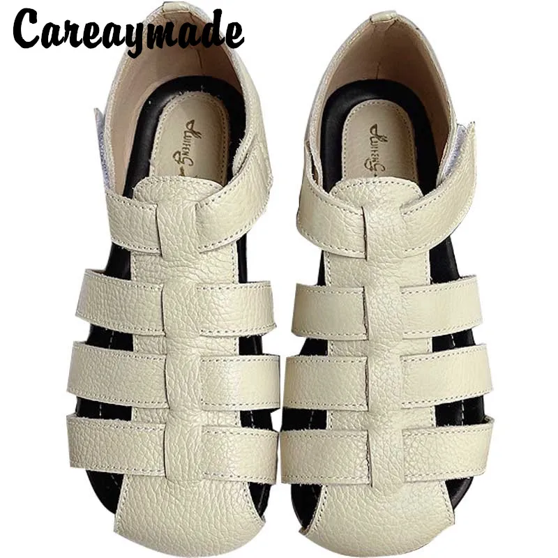 Careaymade-Summer,Genuine Leather Woven belt hollowed out sandals literary white shoes women's shoes retro comfortable flat shoe