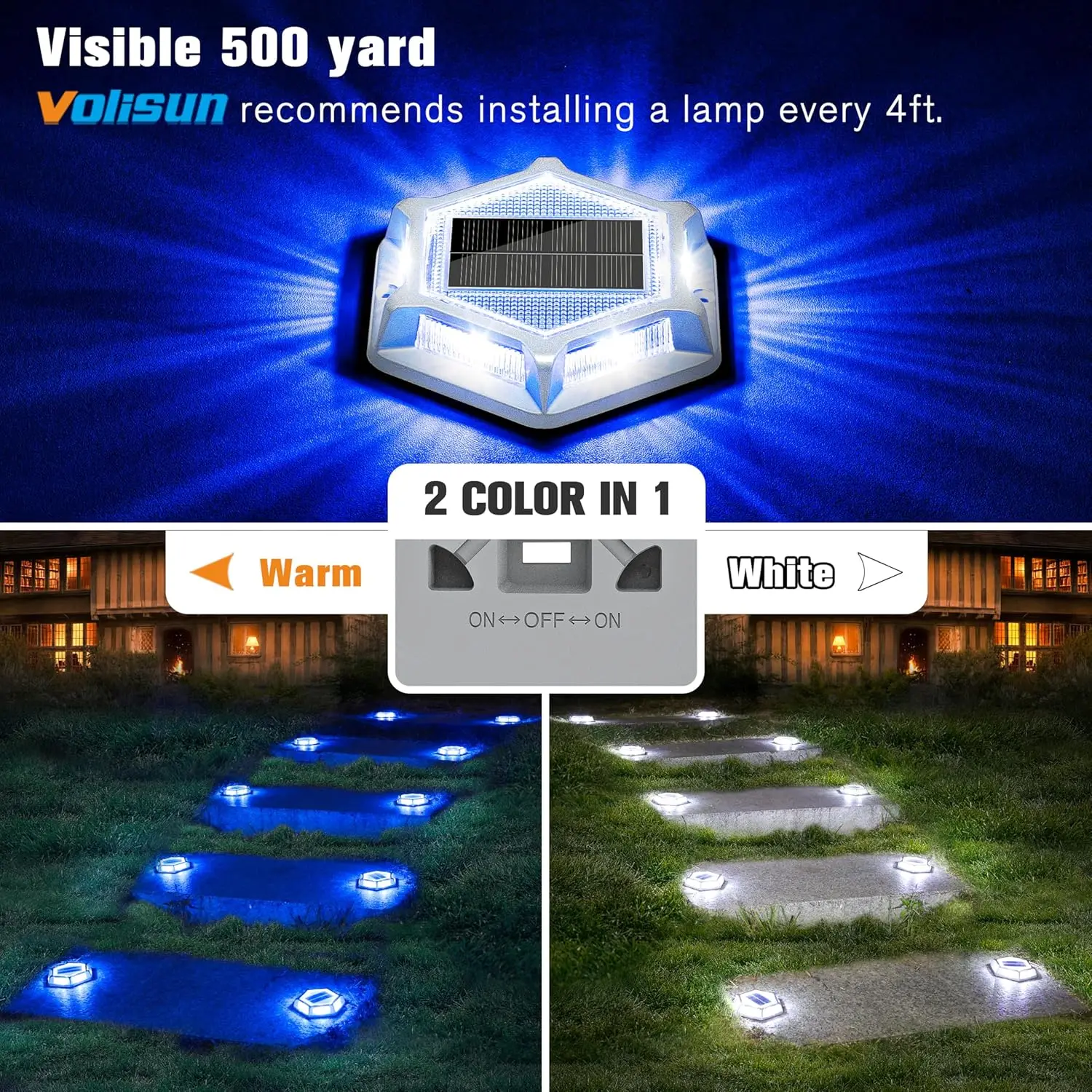 12pack Solar Driveway Lights Dock Outdoor Deck Marker LED Lights,12 Pack | 2 Colors in 1 Led Wireless IP67 Waterproof , Warning Step Marine Lights for Sidewalk Garden Pathway (White/Blue)