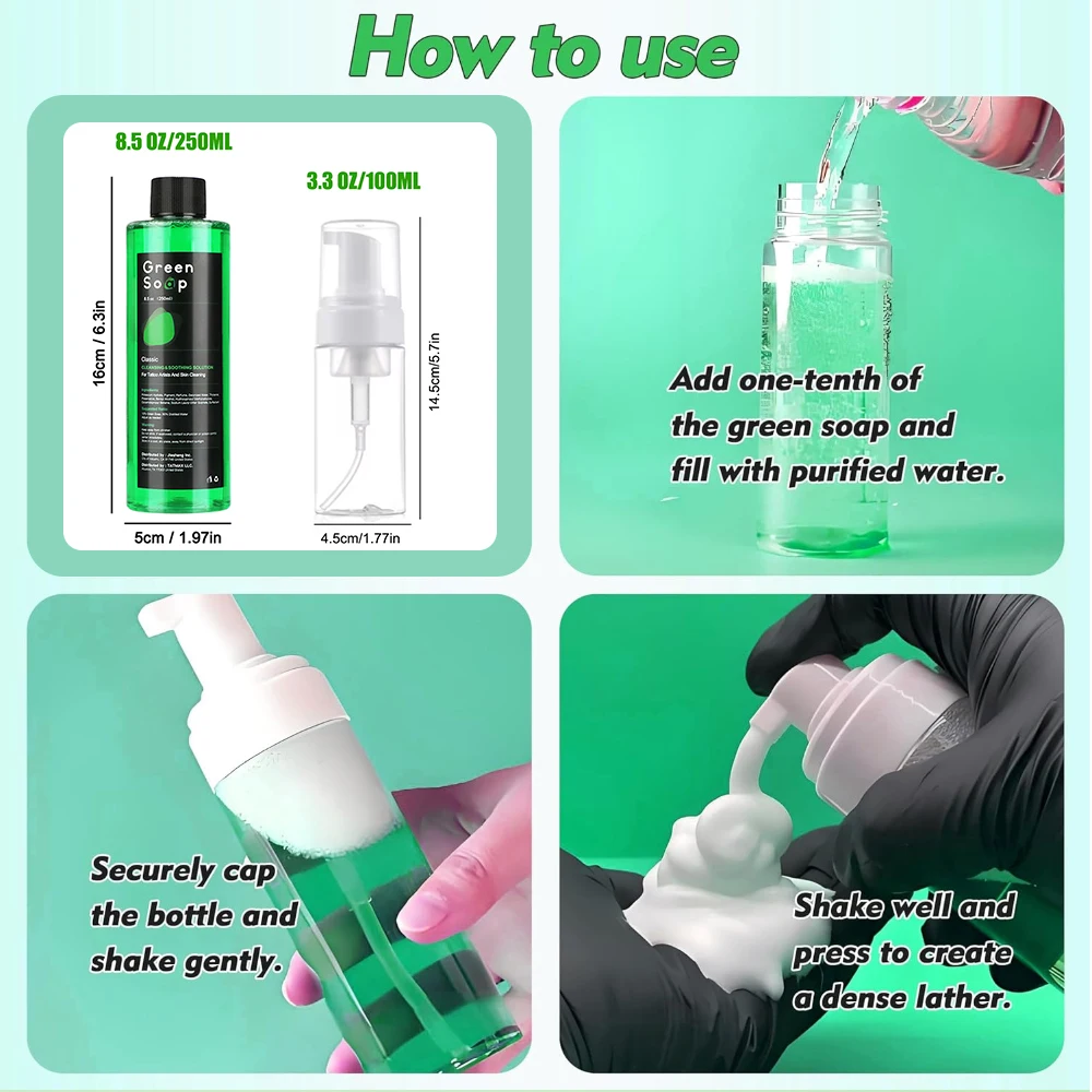 250ml Ultra Concentrated Tattoo Green Soap with Plastic Foam Pump Bottle Kit, Professional Skin Cleanser for Tattoos & Piercings