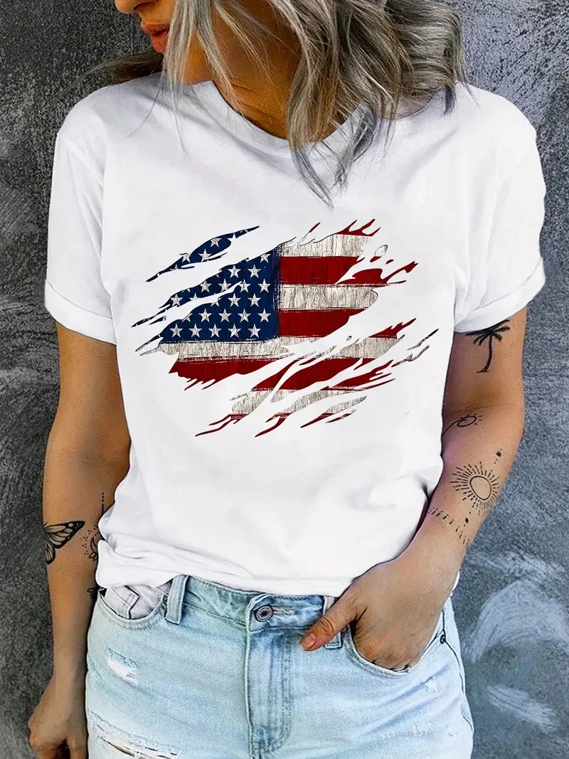 American Flag Print T-Shirt, Independence Day Short Sleeve Crew Neck Casual Top For Summer & Spring, Women\'s Clothing