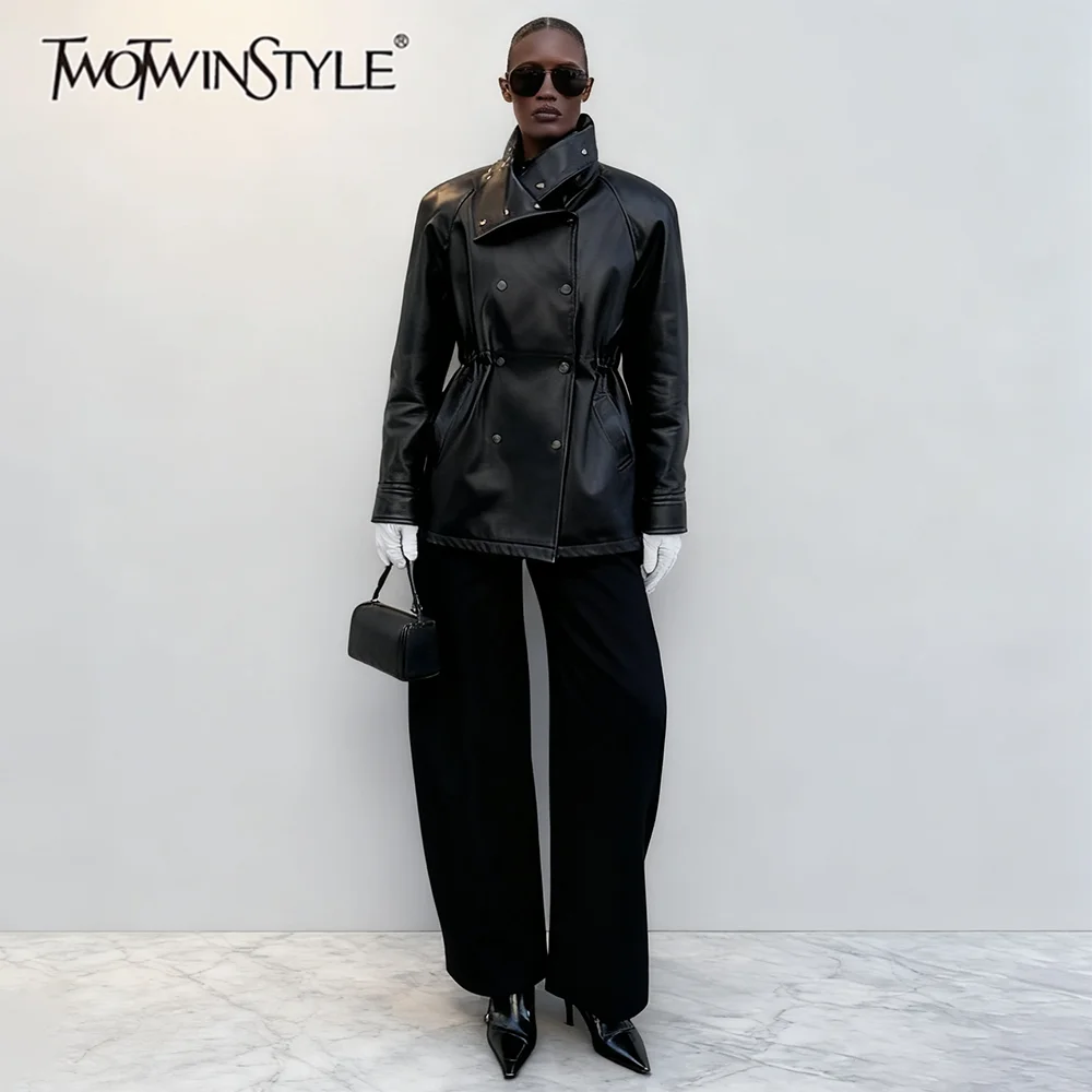 

TWOTWINSTYLE Slimming Spliced Double Breasted Leather Jackets for Women Stand Neck Long Sleeves Fashion Jacket Female Clothing