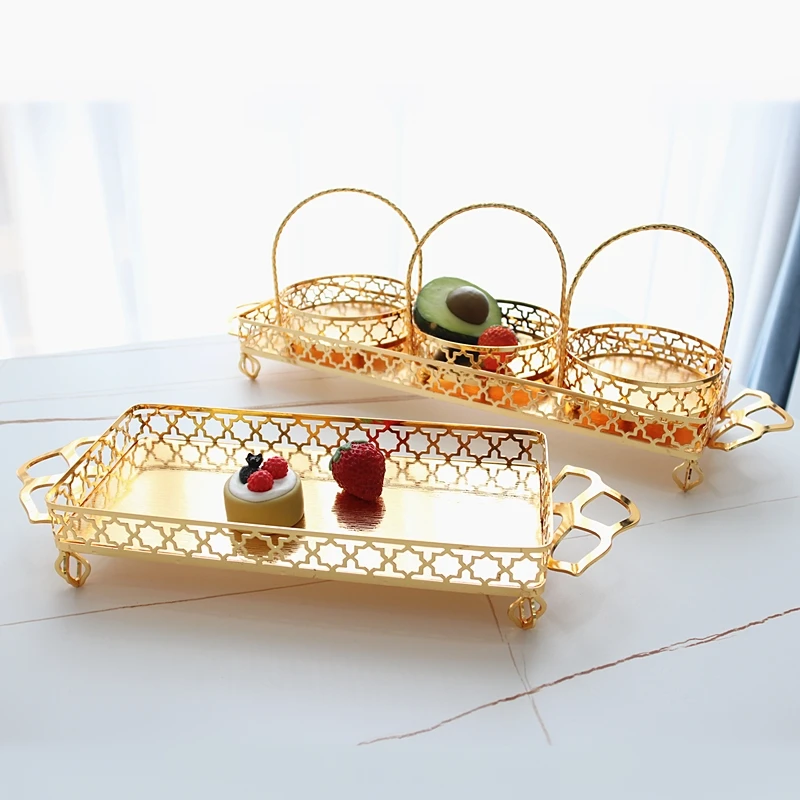 Golden Rectangle Metal Tray Decorative Plate Flower Basket Fruit Snack Dessert Plates Cake Pan Storage Jewelry Trays