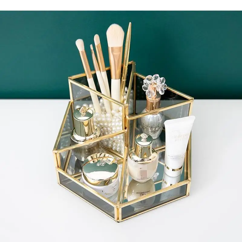 Brass Glass Storage Bucket Cosmetic Box Makeup Brush Rack Shelf Jewelry Organizer