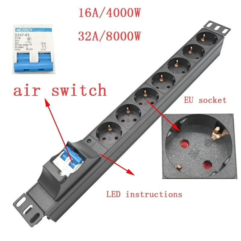 Imagem -04 - Tira do Poder da Liga de Alumínio Pdu Unidade de Distribuição de Energia Fio Estendido 2m Soquete da ue 2m 210 ac 16a 32a Nenhuma Tomada