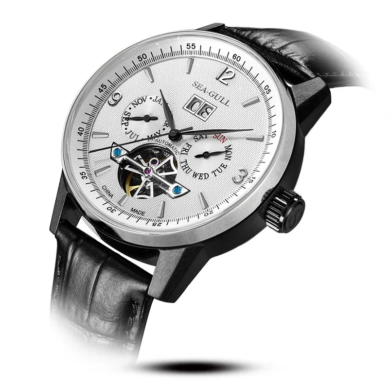 Seagull Men Automatic Watch Fashion Hollow Flywheel Mechanical Wristwatch Multi-function calendar week month Waterproof Clock