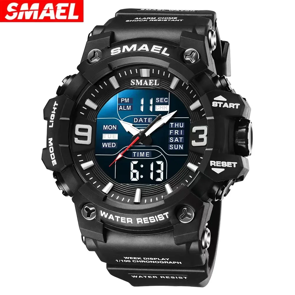 SMAEL 8049 Quartz Watches Sports Time Men Watch Sport Waterproof LED Light Alarm Clock Dual Time Display Week Auto Wristwatches