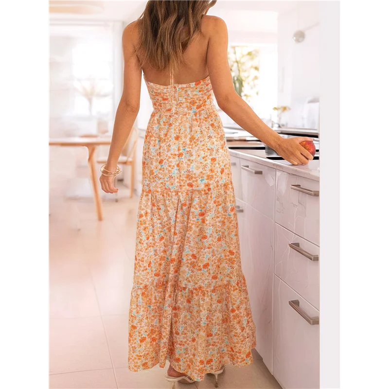 【SEE】 Vestido feminino sem mangas maxi sem costas com babado bainha em camadas vestido longo fluido verão vestido de verão de corte baixo