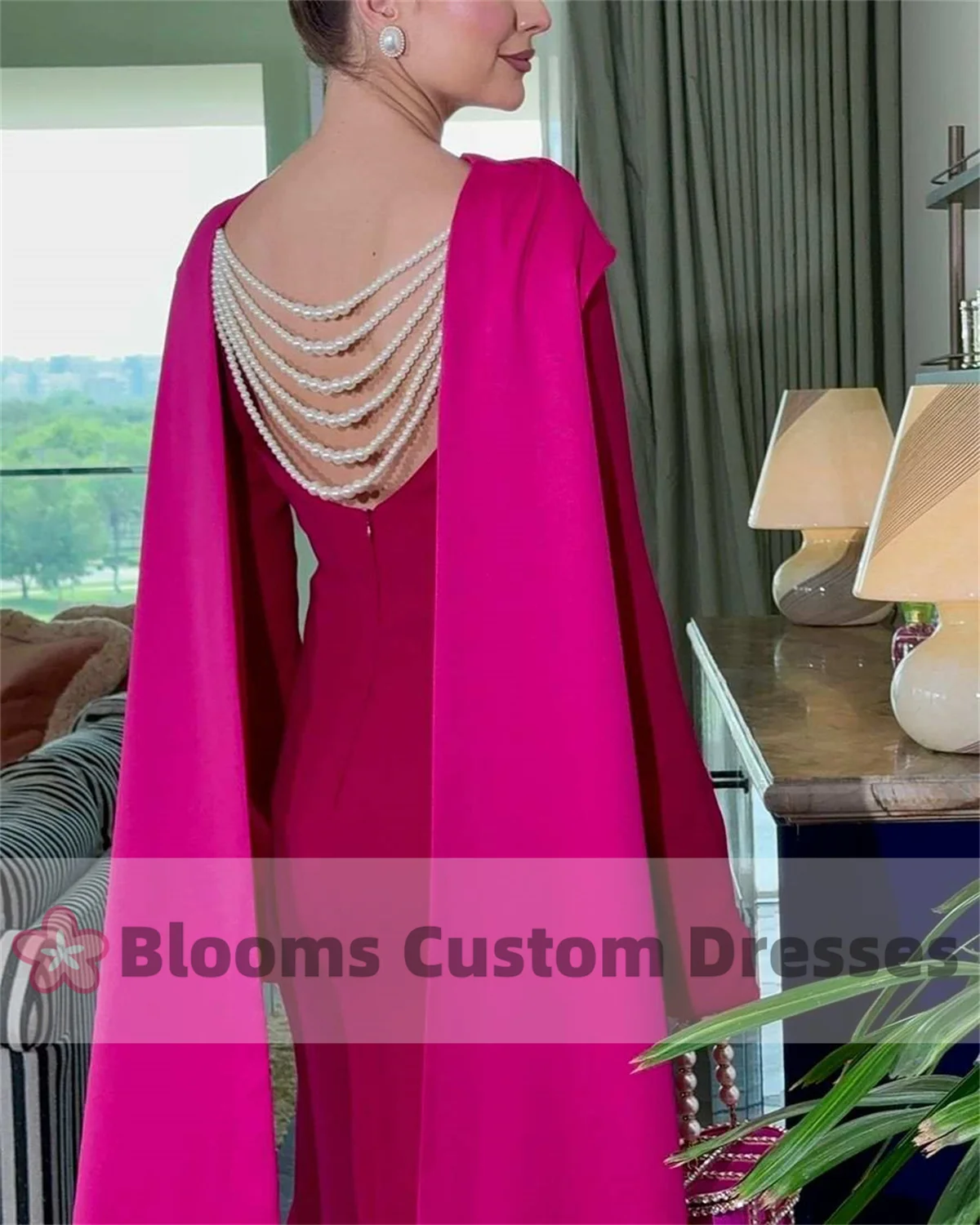 Blooms Fuchsia Long Sleeves Prom Dress Customized Pearls Backless Arabia Evening Dress Long Party Gown