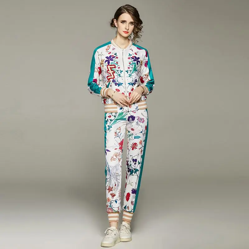 Designer Autumn Overlay Flower Print Pants Set Women Long Sleeve zipper Top＋ High Waist Long Pants Runway 2 Piece Set