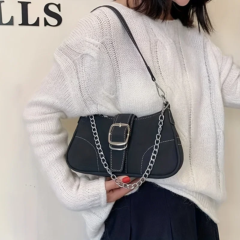 Style  Bag, Trendy Chain Crossbody Bag, Buckle Decor Underarm Purse For Women