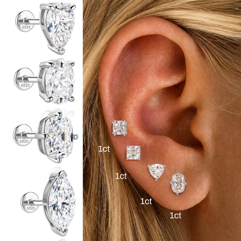 AIDE 925 Sterling Silver Classic Moissanite Flat Back Piercing Earring for Women 1 Carat Dainty Luxury Wedding Bridal Jewelry