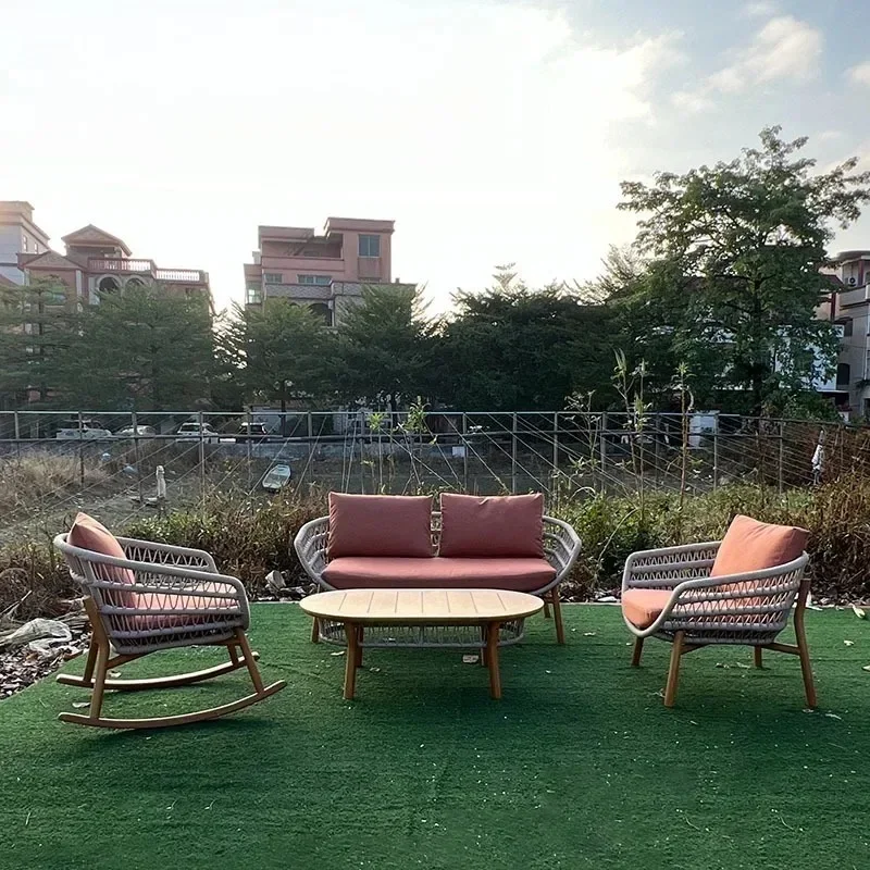Outdoor courtyard sofa waterproof and sunscreen rattan sofa garden open-air bed and breakfast hotel leisure simple solid wood