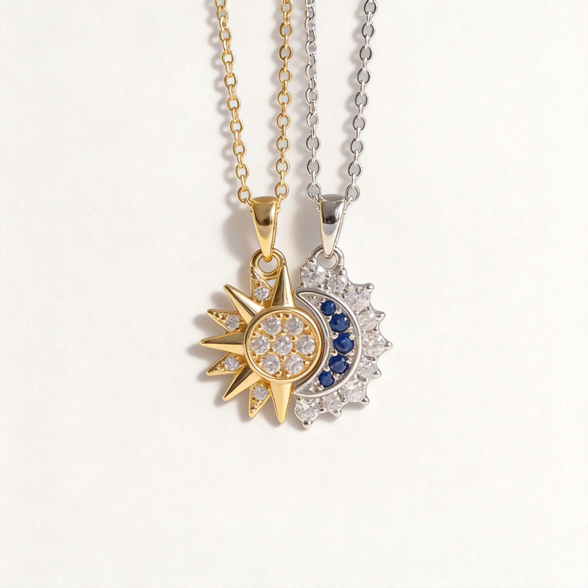 Yno Traditional Chinese Auspicious Sun And Moon Blessing Lucky Copper Micro Inlaid Cz Stone Pendant Necklace Dainty Clavicle Cha
