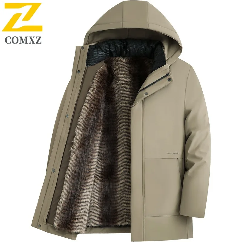 COMXZ 2025 الشتاء الصوف الحراري سترة الرجال الفاخرة سميكة انفصال مقنعين سترة المشي لمسافات طويلة التزلج مقاوم للماء القطن وسادة مبطنة