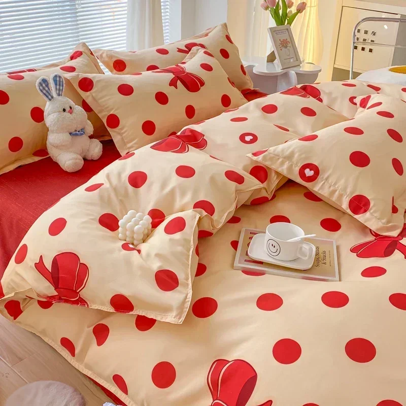 Girlish Style Bedding Set 220x240 Duvet Cover Set With Pillowcase Red Bow Pattern 200x200 Quilt Cover King Size Blanket Cover